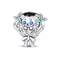 Silver graduation bear charm with black cap and colorful zircon flowers for DIY jewelry - Graduation Bear Flower Bead (PAC1514)