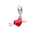 Silver charm featuring a red enamel heart with a Cupid's arrow and Kiss lettering - Red
