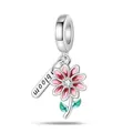 Silver flower charm pendant with pink enamel petals and engraved bloom tag on ring - Pink Daisy Bloom Pendant (PAC901)