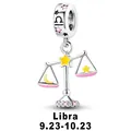 Detailed view of silver Libra zodiac charm with enamel scales and sparkling pink crystals - Libra