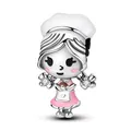 DIY silver girl charm with pink enamel dress and sparkling zircon flowers for bracelets - Little Girl Figure Style (3)