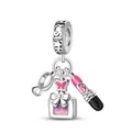 Silver beauty charm set with mirror, sparkling perfume bottle and lipstick pendants - Beauty Perfume Lipstick Set Style