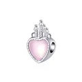 Silver heart charm with pink aurora crystal and 3D castle design for DIY bracelets - Pink
