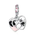 Silver-tone heart charm with black and white cats and pink zircon accents for bracelets - Heart Cat Style (3)