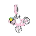 Pink enamel bicycle charm pendant with colorful floral basket in 925 silver finish - Pink Bicycle Style
