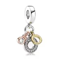 Detailed view of tri-tone intertwined rings charm with micro-pave crystals and main zircon - Three-Color Interwoven Hoop Style