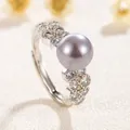 Bague réglable élégante en argent avec perle violette et dentelle de zircons - Design Ouvert Réglable / Perle grise