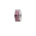 Macro-detail van de zilveren barrel charm met roze kristallen voor DIY-armbanden - Zilver met Lichtroze Steen