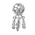 Silver dreamcatcher charm bead with heart center and three feather pendants on white background - White K/Silver