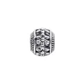 Macro view of silver hollow charm bead featuring vintage embossed floral pattern detailing - Five Petal Flower Relief Cylinder Bead
