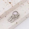 Silver dreamcatcher charm with pink heart zircon and hanging metal feathers - Silver Dreamcatcher Pink Heart
