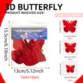 Lot de 12 stickers muraux papillons rouges 3D pailletés en trois tailles assorties - Style Pailleté Rouge (PJ12002) / PJ12002 (15.5*13cm), ai-12 Pièces/Paquet / Rouge