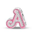 Pink glitter enamel letter A charm bead with sparkling zircon inlay in silver alloy - Letter A