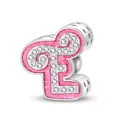 Detail of pink glitter enamel letter E charm with zircons and heart cut-outs - Letter E