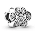 Sparkling paw print charm with clear cubic zirconia for DIY beaded bracelets - Silver White Rhinestone