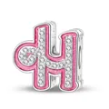 Detailed macro view of silver pink enamel letter H charm bead with sparkling zircons - Letter H