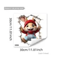 Sticker mural lapin de dessin animé 3D avec dimensions montrant l'effet visuel - Style 3D Lapin Avec Chapeau Rouge Et Salopette En Jean (MS3319)