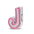 Pink enamel letter J charm bead with sparkling zircons and heart cutouts for bracelets - Letter J