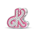 Pink glitter enamel letter K charm with sparkling zircons and heart cut-outs - Letter K