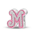 Pink glitter enamel letter M bead charm with zircon and heart hollowed design - M