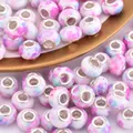 Macro shot of colorful tie-dye resin large hole beads with silver metal core inserts - Pink Blue Watercolor Style (4)