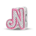 Pink glitter letter N charm in silver finish with sparkling stones and heart cutouts - Letter N