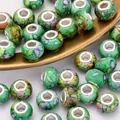 14mm green marble resin European beads with metal core for DIY bracelets - Green Purple and Blue Ink Pattern (2)