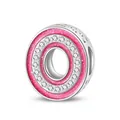 Pink glitter letter O charm bead with silver finish and sparkling zircon stones - Letter O