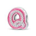 Pink glitter letter Q bead charm with sparkling zircon inlay in silver alloy - Letter Q