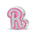 Pink glitter enamel letter R charm with clear zircons for DIY jewelry bracelets - Letter R