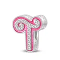 Pink glitter enamel letter T charm bead with cubic zirconia and heart cutout details - Letter T