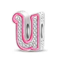 Silver letter U charm with pink glitter enamel and sparkling crystals for bracelets - Letter U