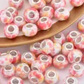 Pink and orange tie-dye resin large hole bead with silver metal core for DIY bracelet - Pink Yellow Painted Style (6)