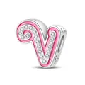Pink glitter enamel letter V charm bead with sparkling zircons for DIY bracelets - Letter V