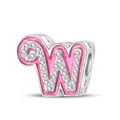 Silver bead charm with pink enamel letter W and sparkling zircon stones inlay - Letter W