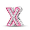 Pink glitter enamel letter X charm bead with cubic zirconia for DIY bracelets - Letter X