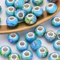 Blue marbled 14mm large hole beads with silver metal core for DIY bracelet making - Cyan Blue Watercolor Pattern (5)