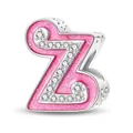Letter Z charm with pink glitter enamel and clear cubic zirconia in silver alloy - Letter Z