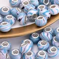 Blue and white marble swirl resin bead with silver metal core for DIY bracelets - Sky Blue White Swirl(5)
