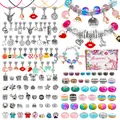 DIY charm bracelet making kit for kids with silver pendants and beads in a pink gift box - 130 Pieces Set (4cm Box Height)