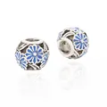 Silver charm bead with blue floral enamel patterns and elegant reflection on white background - Blue Floral(11)