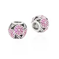 Silver bead charm with pink and white enamel daisy petals for DIY bracelets - Pink and White Daisy(2)