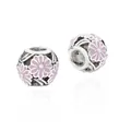 Silver bead charm with pink enamel daisy pattern and black oxidized floral details - Pink Floral (5)