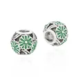 Silver bead charm with green enamel daisy patterns and cutout leaf details - Green Floral(6)
