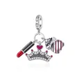 Detailed view of S925 silver charms featuring a red lipstick, crown and handbag - Makeup Lipstick Crown Theme
