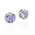 Spherical hollow charm beads with purple enamel daisy pattern in silver finish - Purple Floral(8)