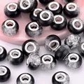 DIY black resin wheel beads with ice crackle pattern and silver metal core for bracelets - Black Clear Crackle Style (16)