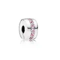Perle de charme en argent poli ornée d'une rangée centrale de zircons roses scintillants - Clip Rond Avec Zirconia Rose / Argent