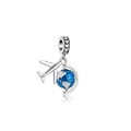 Silver travel charm with detailed airplane and blue enamel globe on a white background - Airplane Heart Globe (Airplane Series) / Silver Blue
