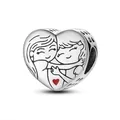 Polished silver heart charm with boy and girl embrace illustration and red heart detail - Sister Heart Charm